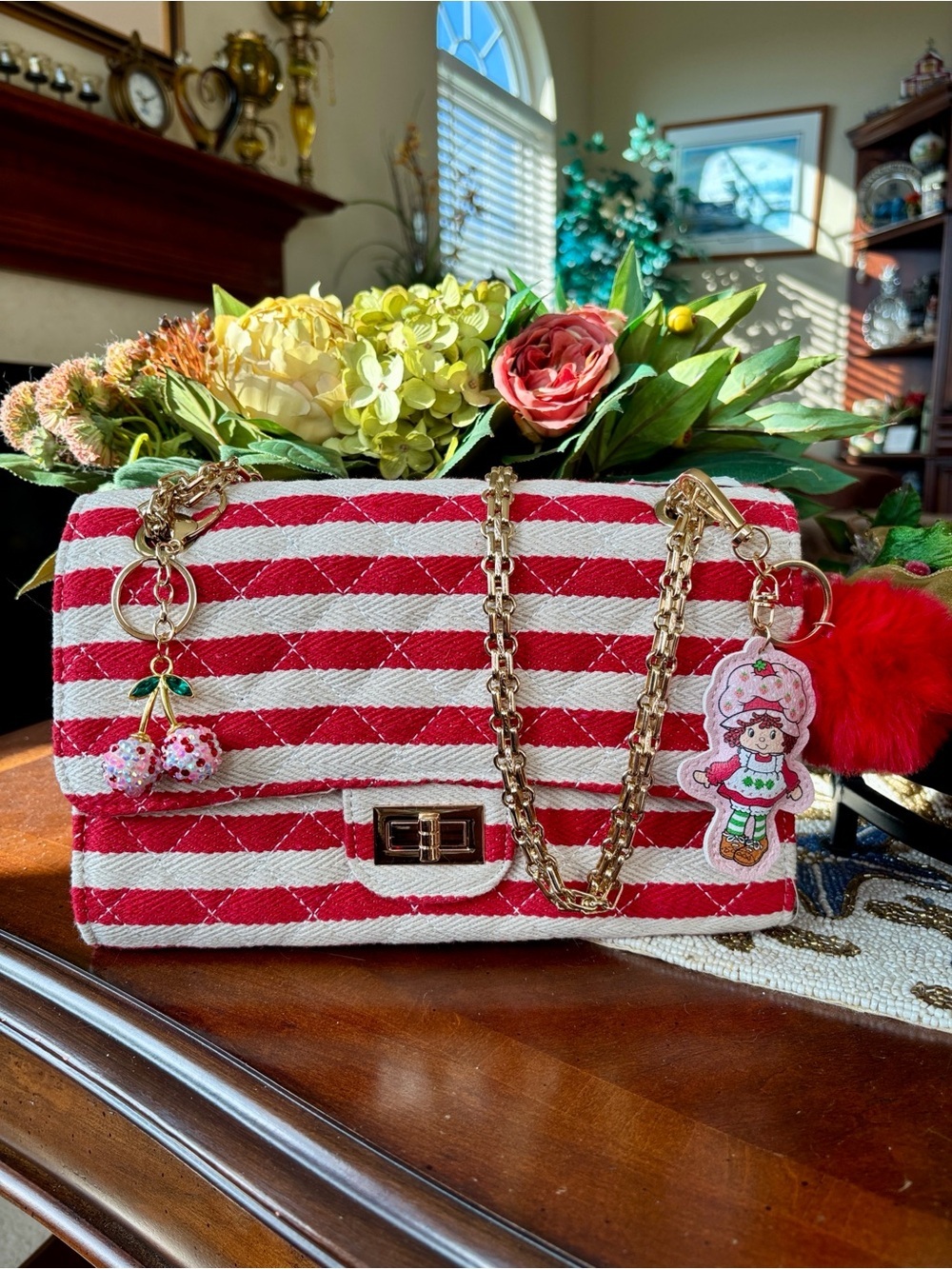 Striped Red & Beige Chain Shoulder Bag Cherry Charm Strawberry Shortcake Pom